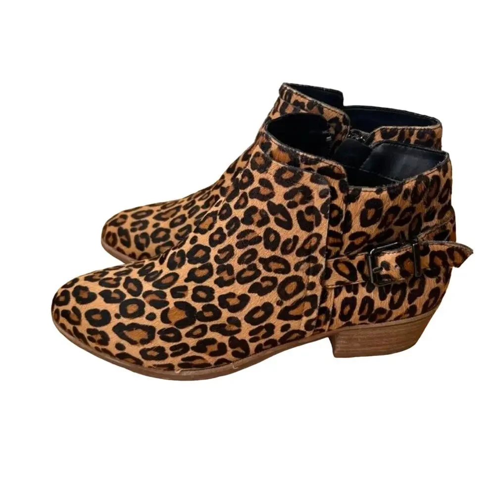 Gianni Bini Bootie Womens 8 Brown Torloni Calf Hair Leopard Stacked Heel Buckle